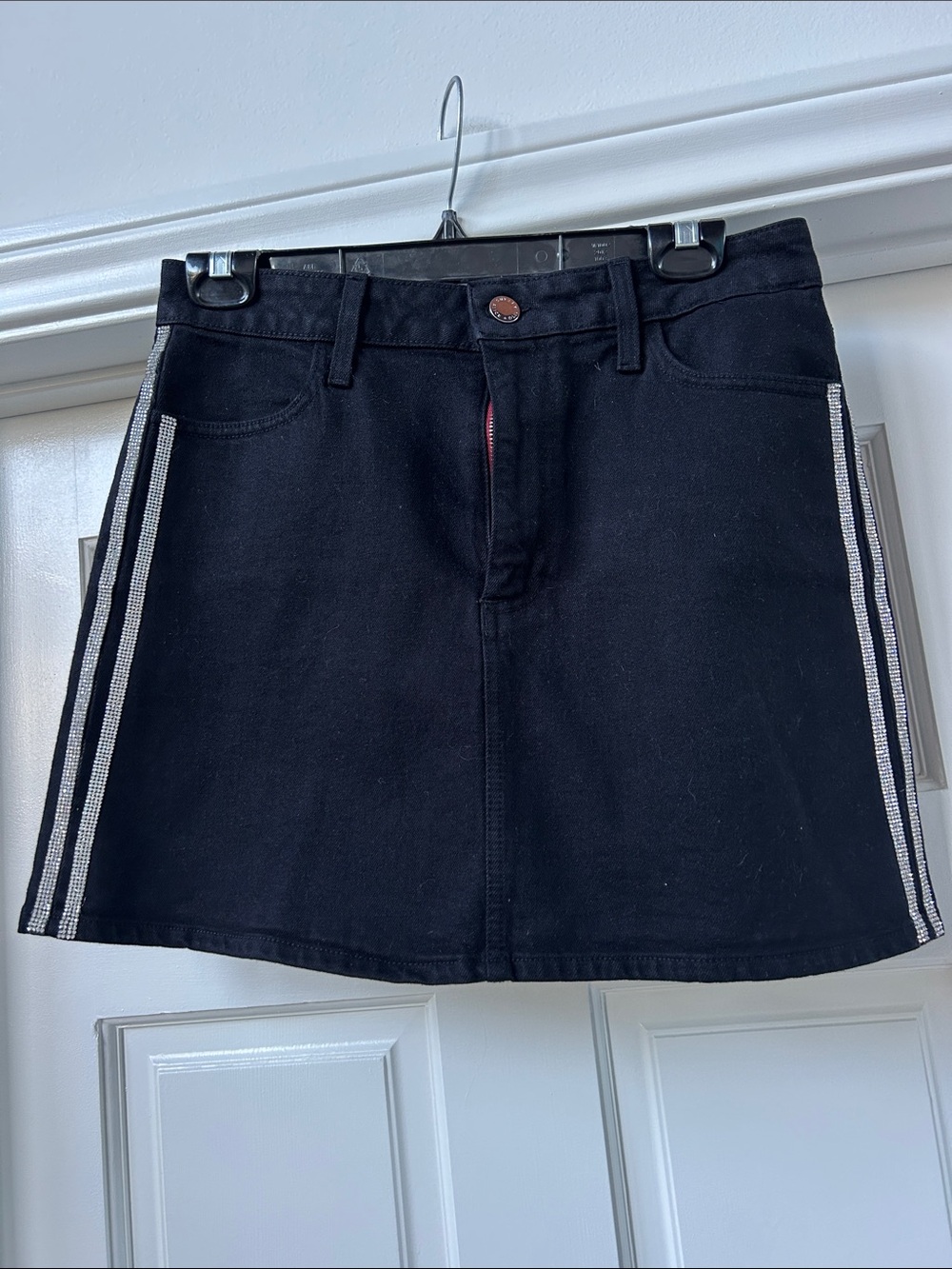 Alice + Olivia Black Denim Mini Skirt with Silver Side Stripes, size 28